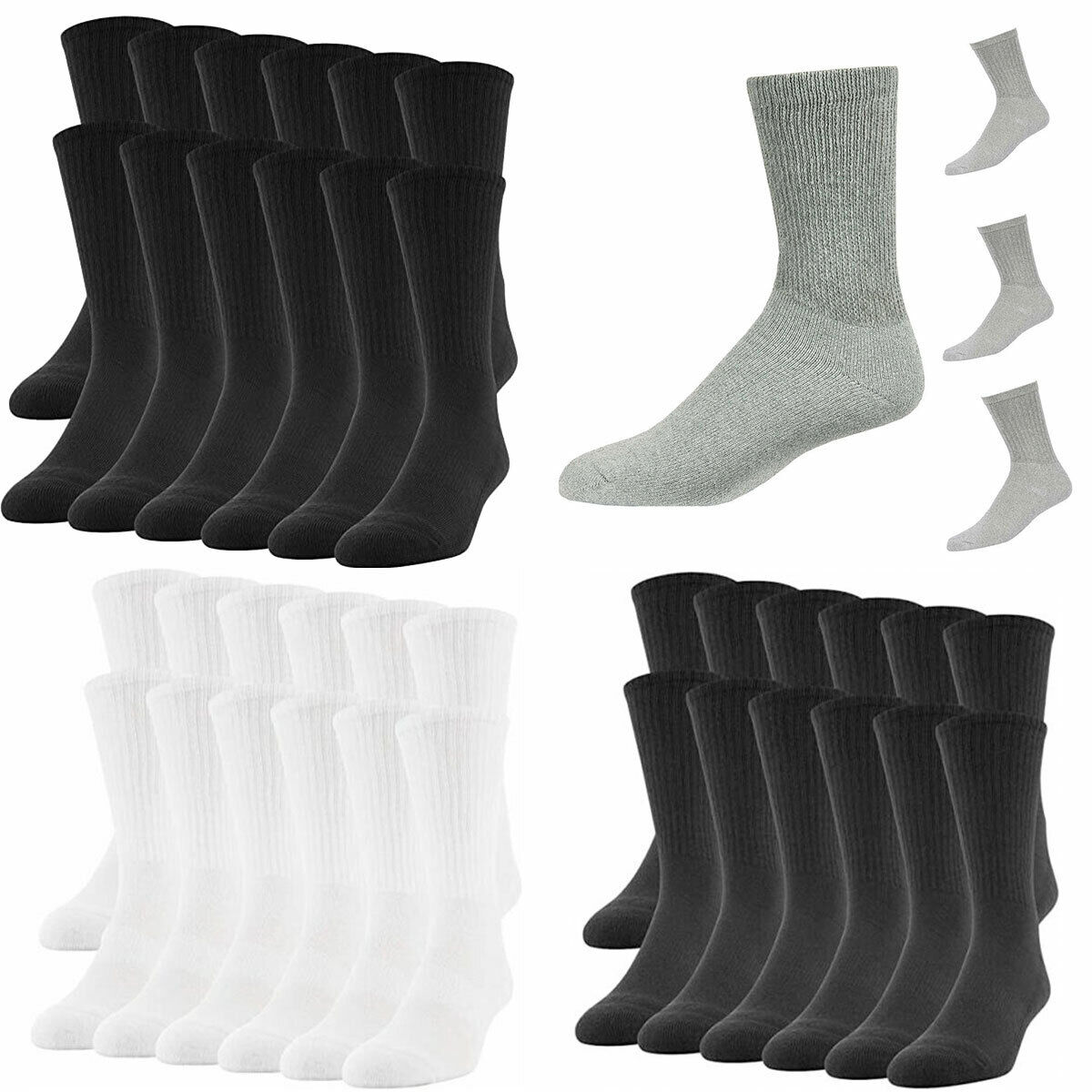 Wholesale Lot Men's Women Black Gray White Solid Sports Cotton Crew Socks 9-13 Unbranded