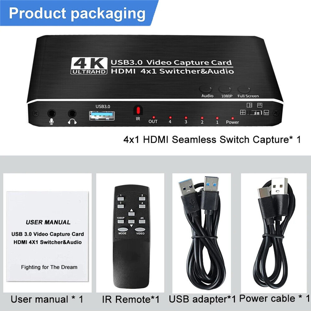 4 Port 4K Video Capture Card Audio USB 3.0 HDMI-compatible 4X1 Switcher Remote Unbranded - фотография #20