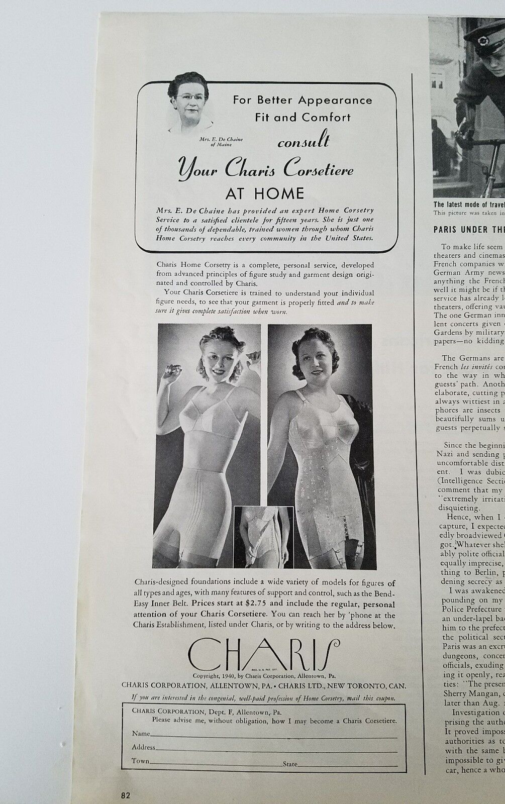 1940 CHARIS CORSETIERE corset women's girdles bra fashion ad Без бренда