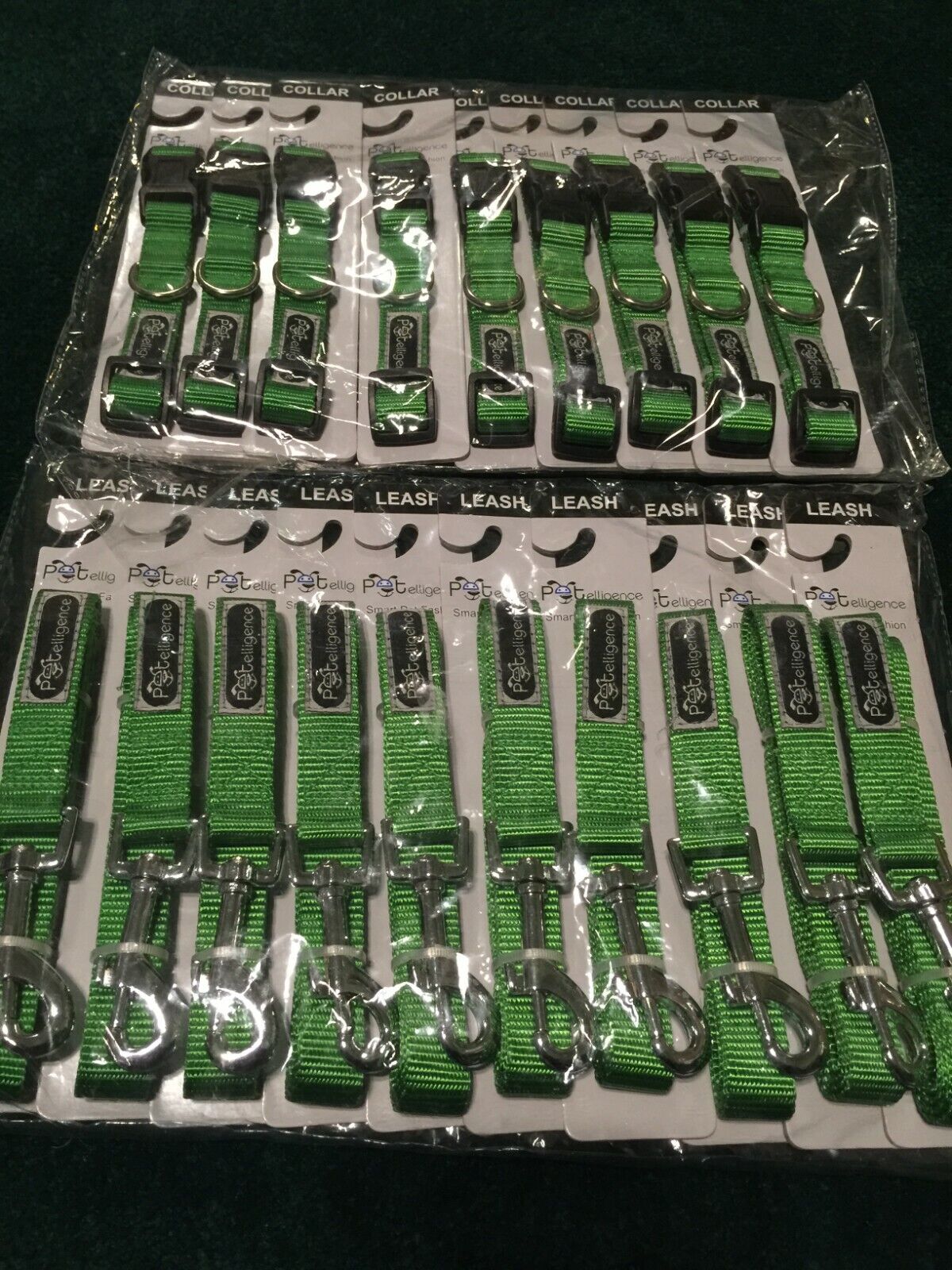  LOT OF  20 GREEN DOG LEASHES AND COLLARS SIZE MEDIUM (10 of each) PETELLIGENCE