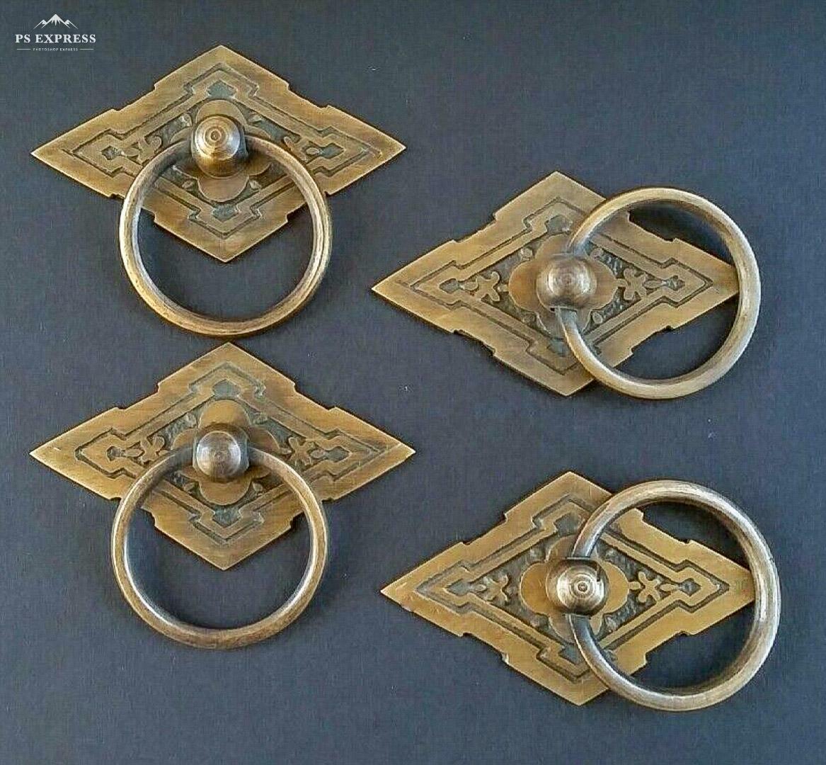 4 x Eastlake Antique Style Brass Ornate Ring Pulls Handles 2-3/8" wide #H15 Без бренда - фотография #4