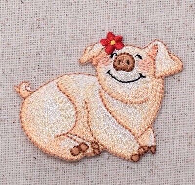 Smiling Farm Pig - Piglet/Red Daisy/Flower - Iron on Applique/Embroidered Patch Unbranded