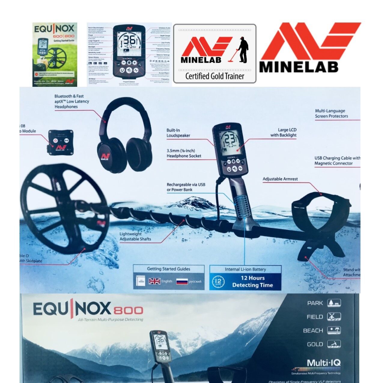 Minelab Equinox 800 WATERPROOF Metal Detector With 11" DD Smart Coil, Multi Freq Minelab 37200002