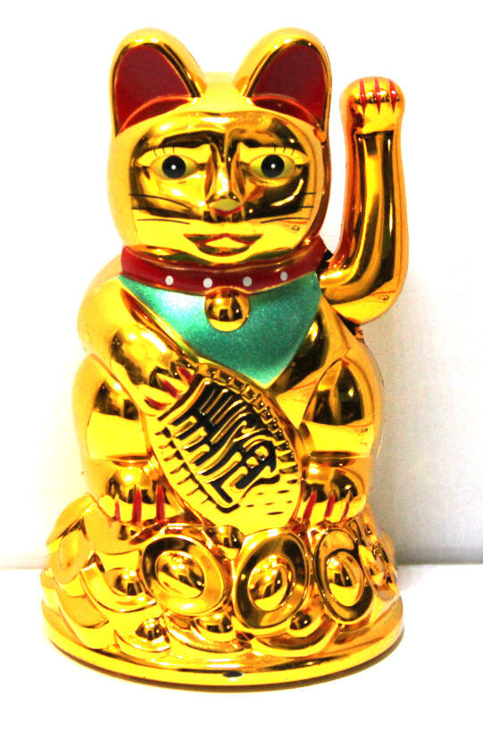 Feng Shui GOLD BECKONING CAT Wealth Lucky Waving Kitty Maneki Neko 4" Tall Без бренда