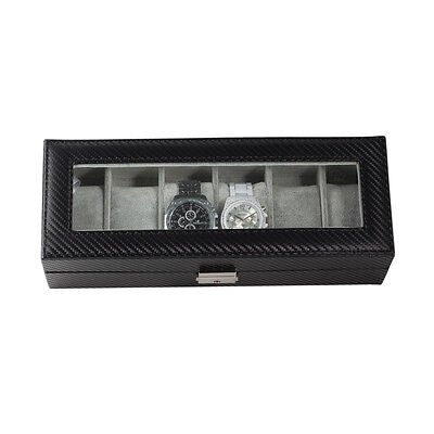 6 Slot Carbon Fiber Watch Box Display Case Jewelry Organizer Case Holder - Black Plixio Does Not Apply - фотография #7