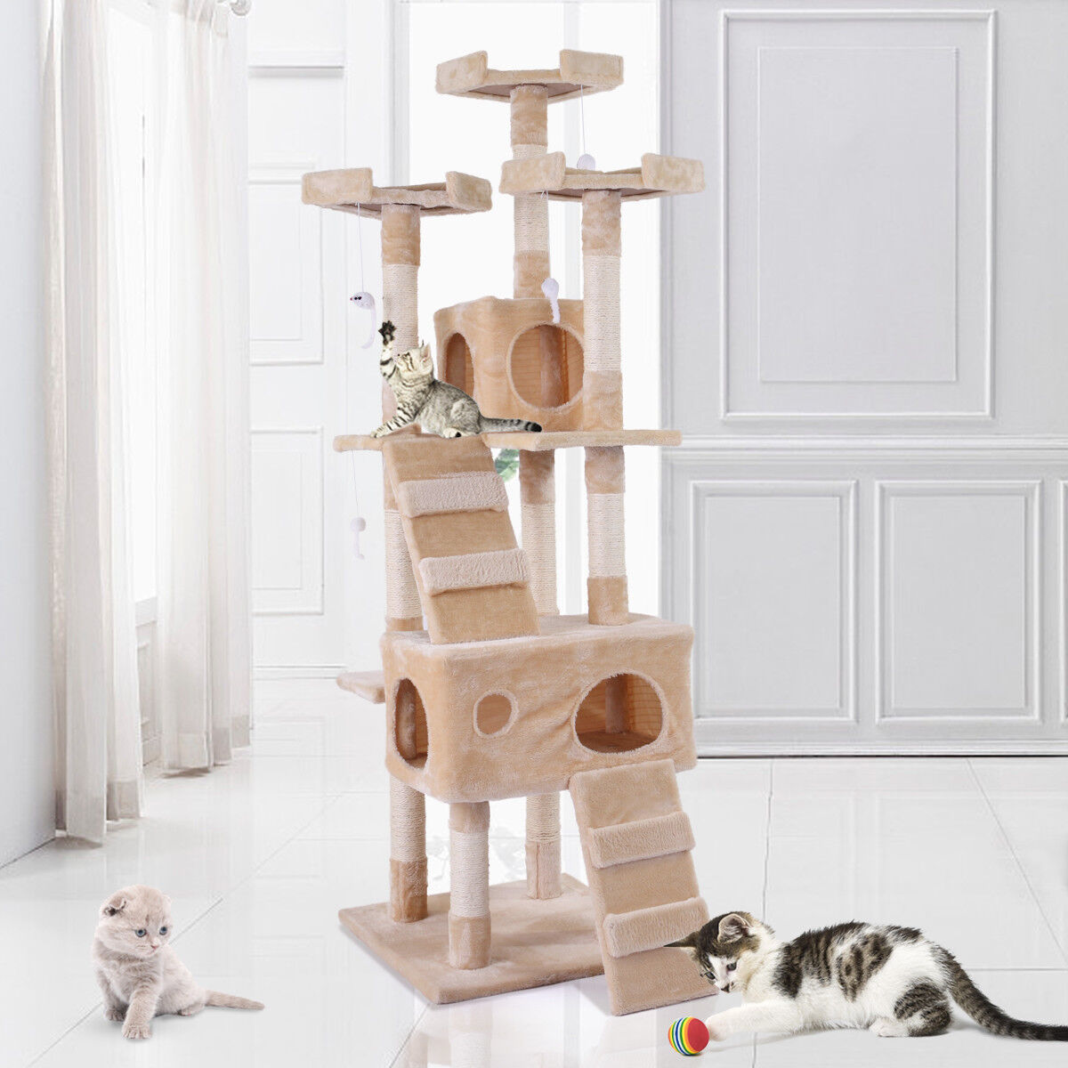 New 67"Cat Tree Tower Condo Furniture Scratching Post Pet Kitty Play House Beige JAXPETY 120047WC-3