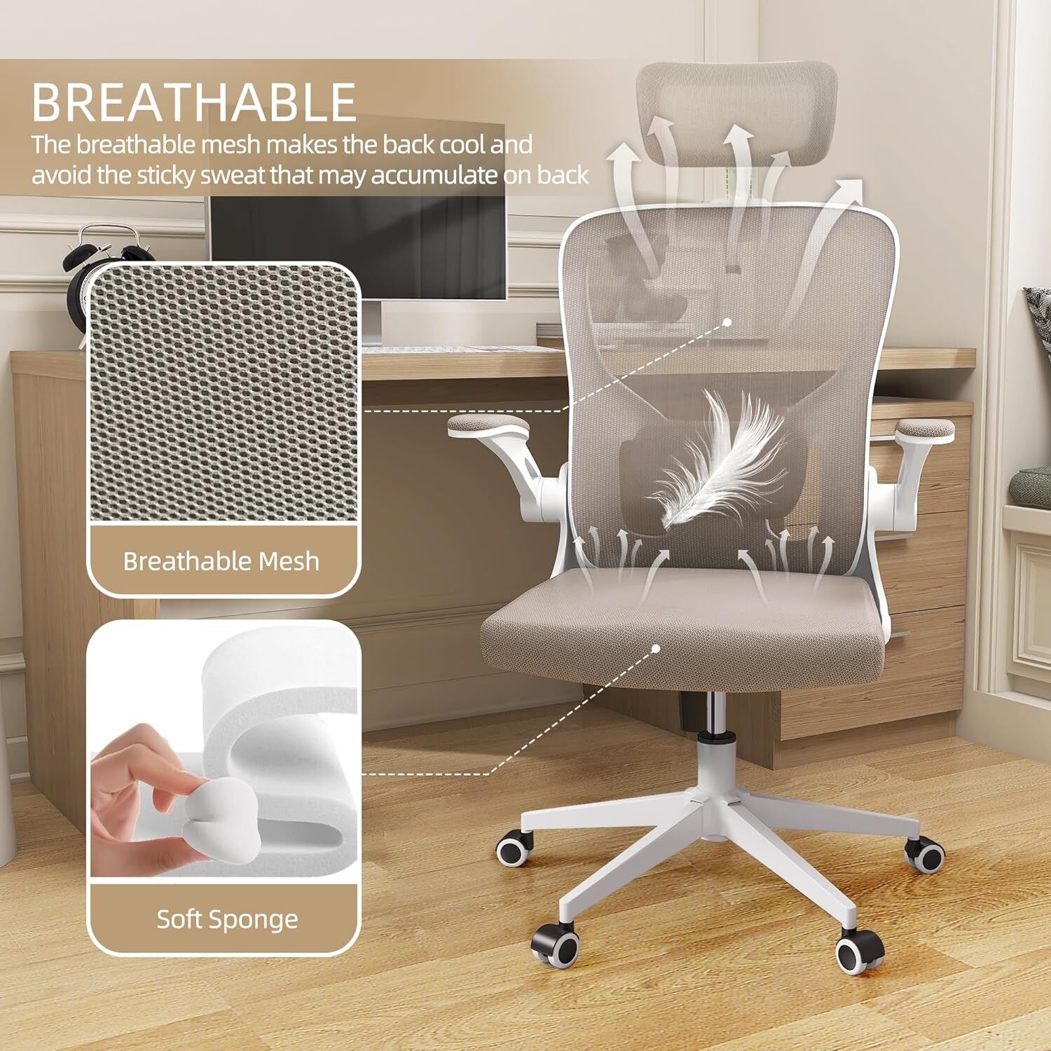 Ergonomic Office Chair Comfort Home Desk Chair Adjustable High Back Mesh Chair Monhey H Beige - фотография #7