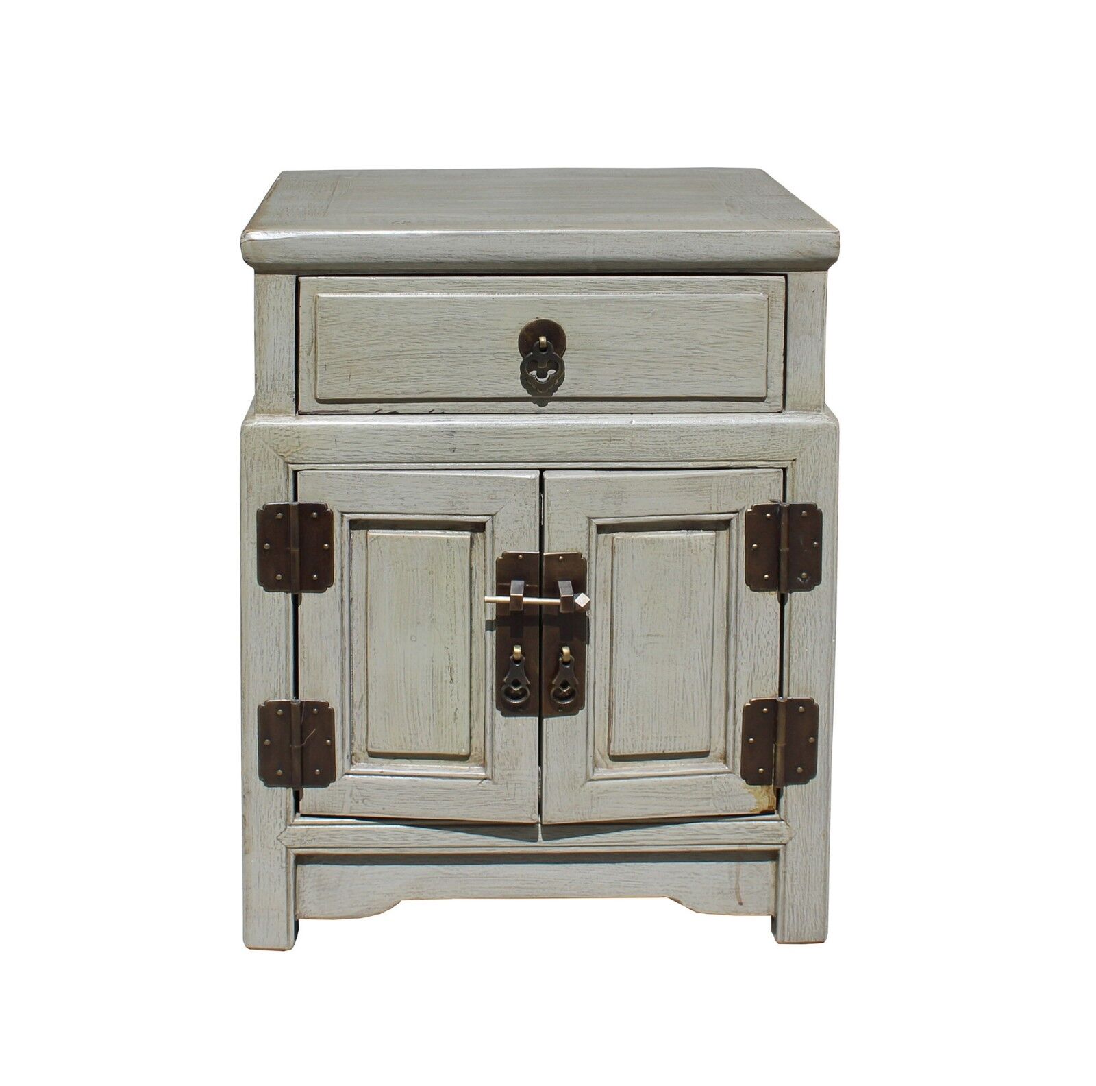 Chinese Distressed Light Gray Metal Hardware End Table Nightstand cs3917 Handmade Does Not Apply