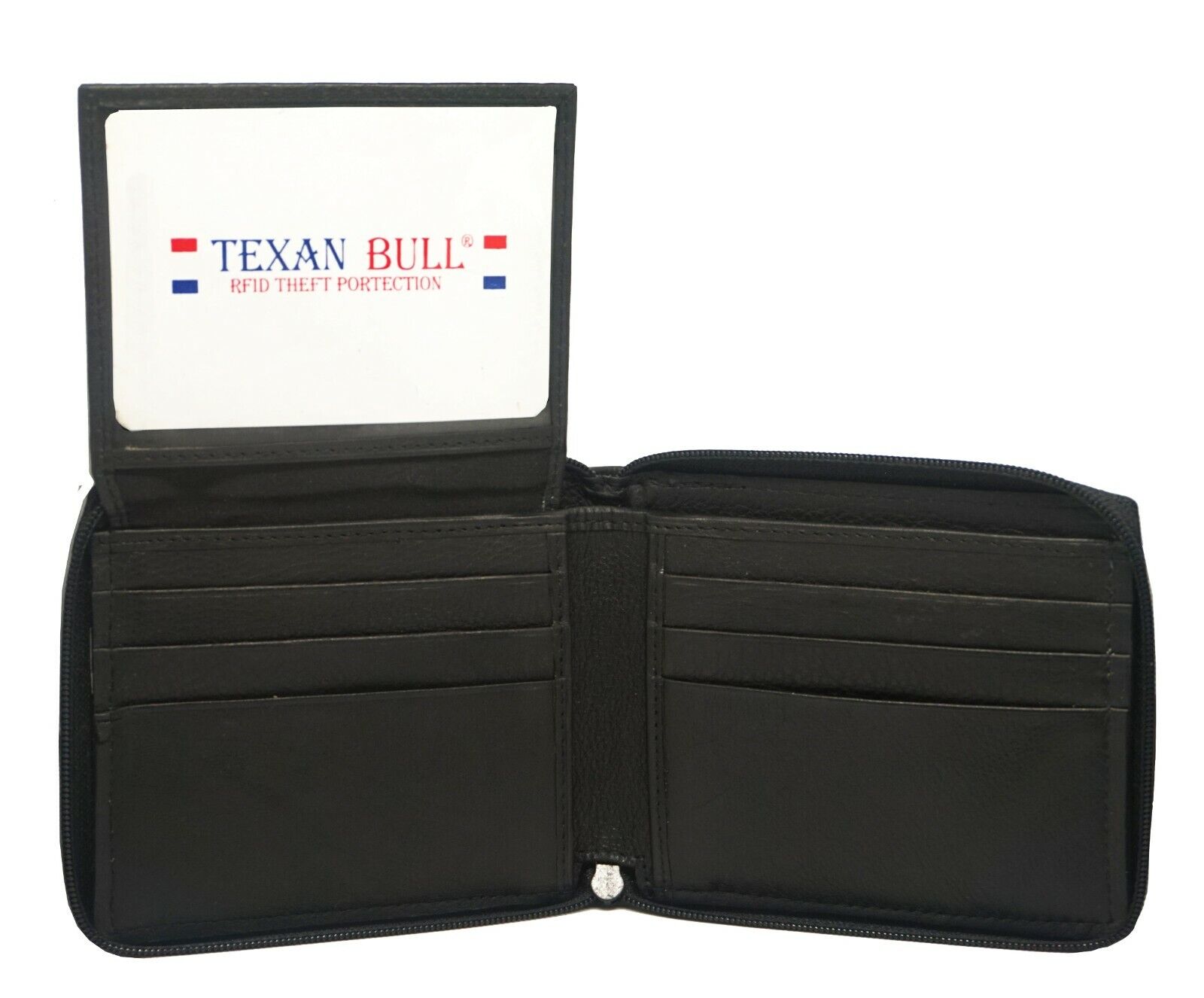 New Mens Bifold Zipper Around Leather Wallet Black Billfold With ID WindowZW5104 Texan Bull® - фотография #6