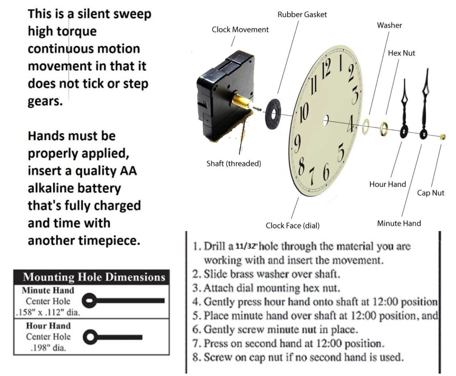 High Torque (Silent) Clock Movement extra long shaft  w/continous sweep, 15/16" Unbranded - фотография #3