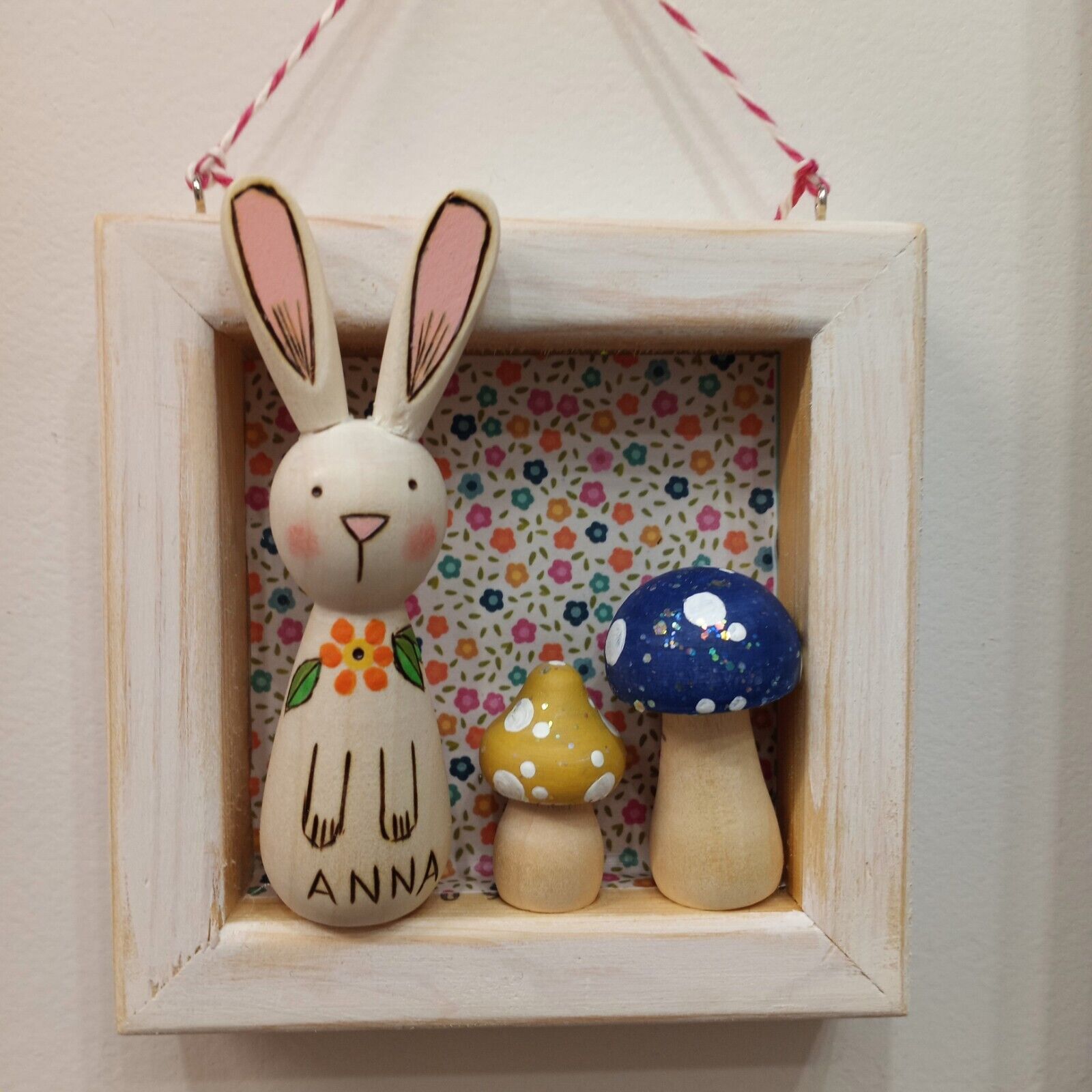 Wood Burned Bunny & Mushrooms Shadow Box Wall Hanging Nursery Art Baby Shower Handmade