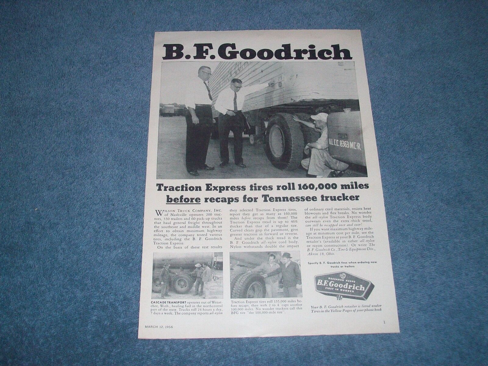 1956 BFGoodrich Vintage Truck Tires Ad "Traction Express Tires Roll 160,000 Mile Без бренда