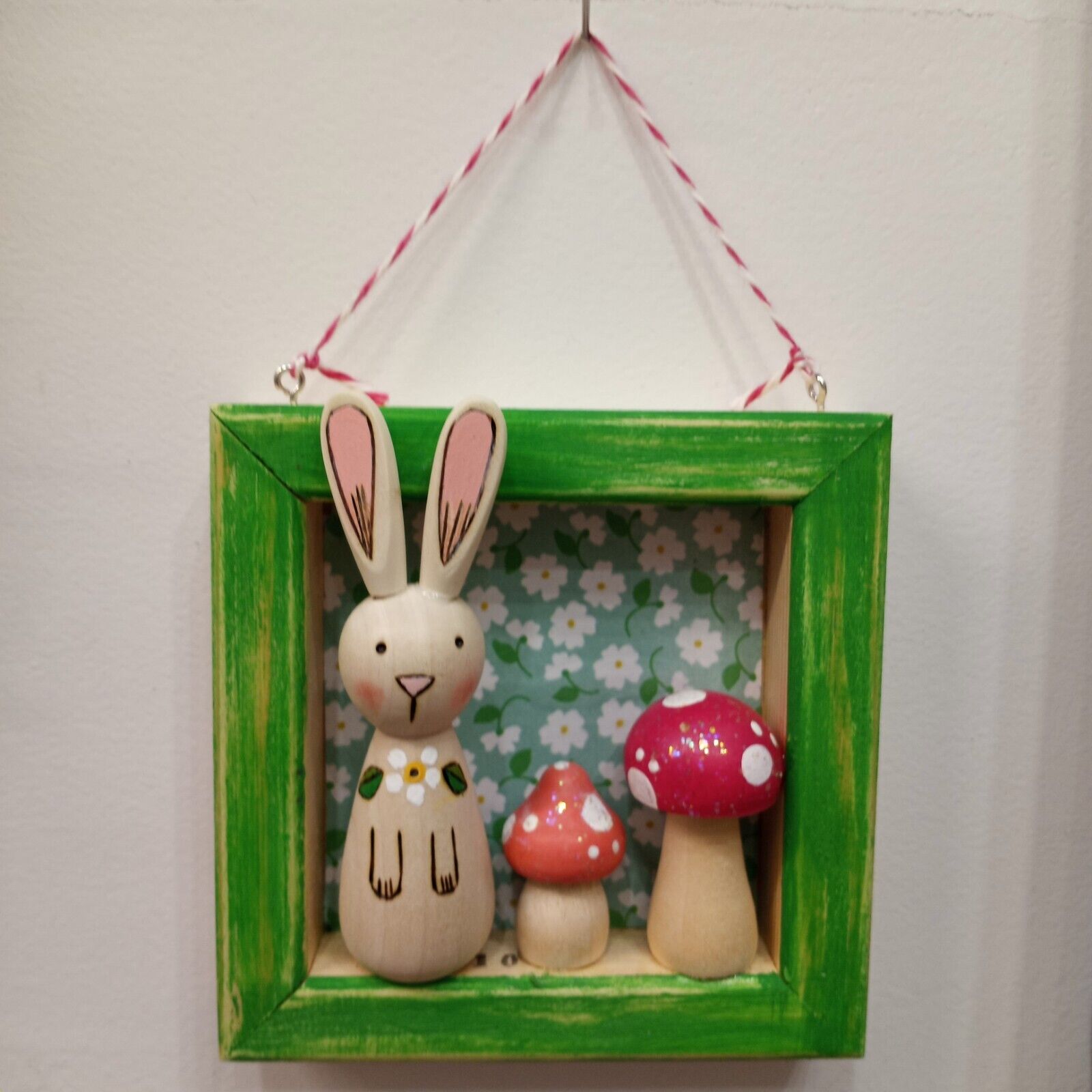 Wood Burned Bunny & Mushrooms Shadow Box Wall Hanging Nursery Art Baby Shower Handmade