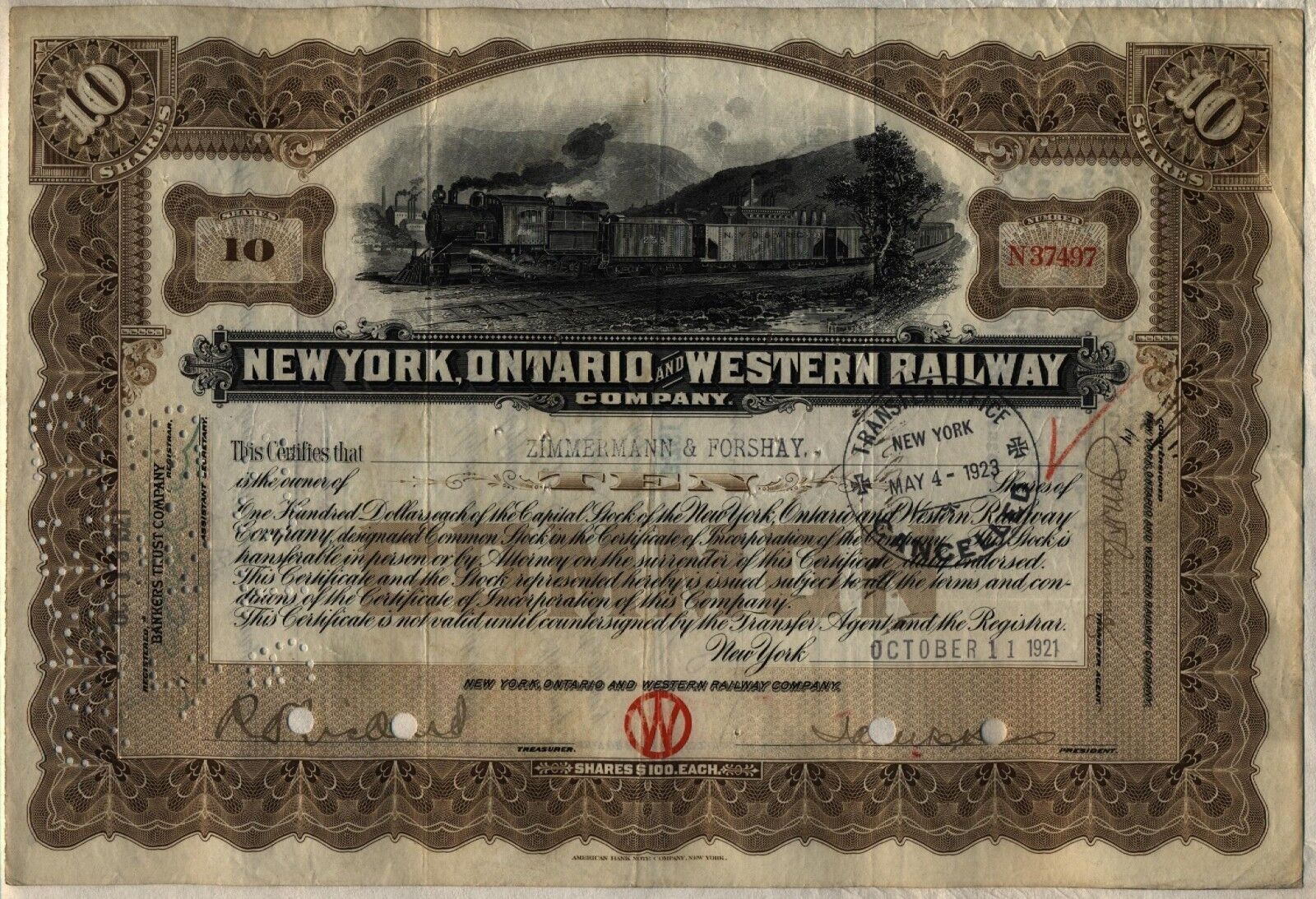 New York Ontario & Western Railway Company Stock Certificate Railroad  Без бренда