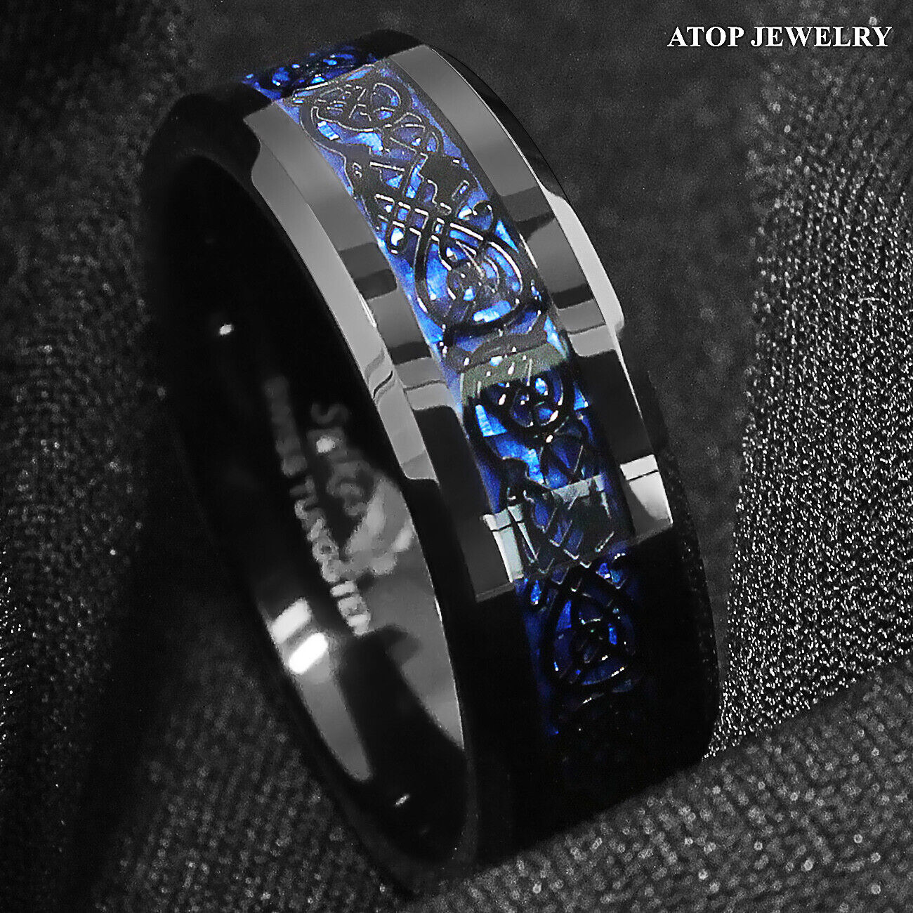 8/6mm Tungsten Carbide Ring Black Celtic Dragon Blue carbon fibre ATOP Jewelry ATOP - фотография #2