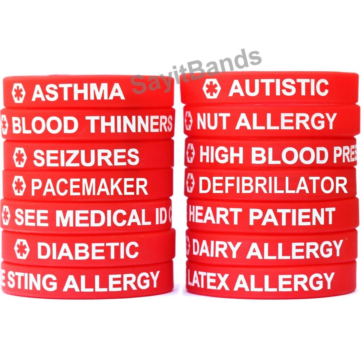 2 Red Medical Alert Wristband Bracelets - Two Med Condition Silicone Alert Bands SayitBands Does Not Apply