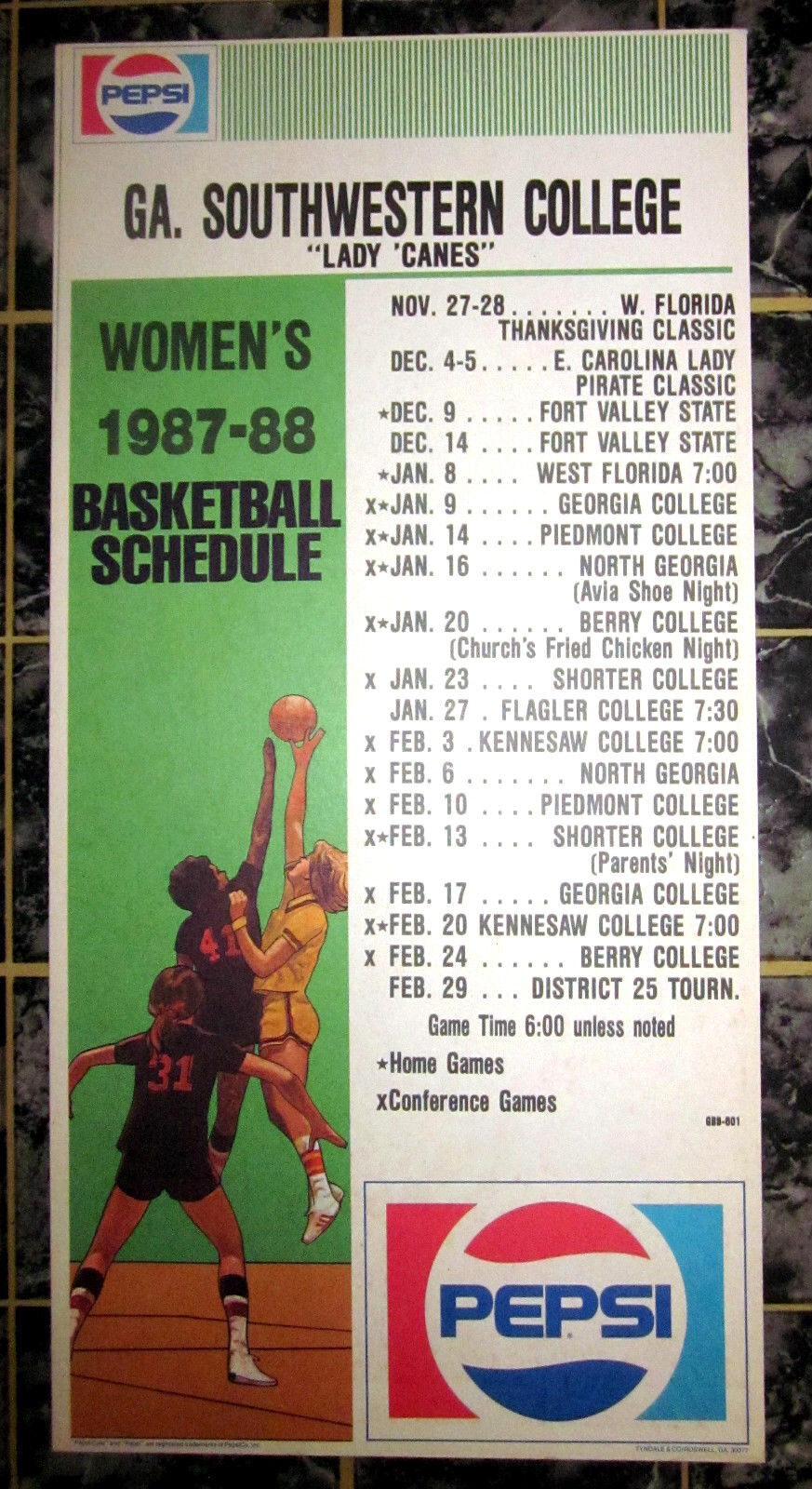 Georgia Southwestern Lady Canes 1987-88 Basketball Schedule Pepsi Sign 19X9" NOS Pepsi