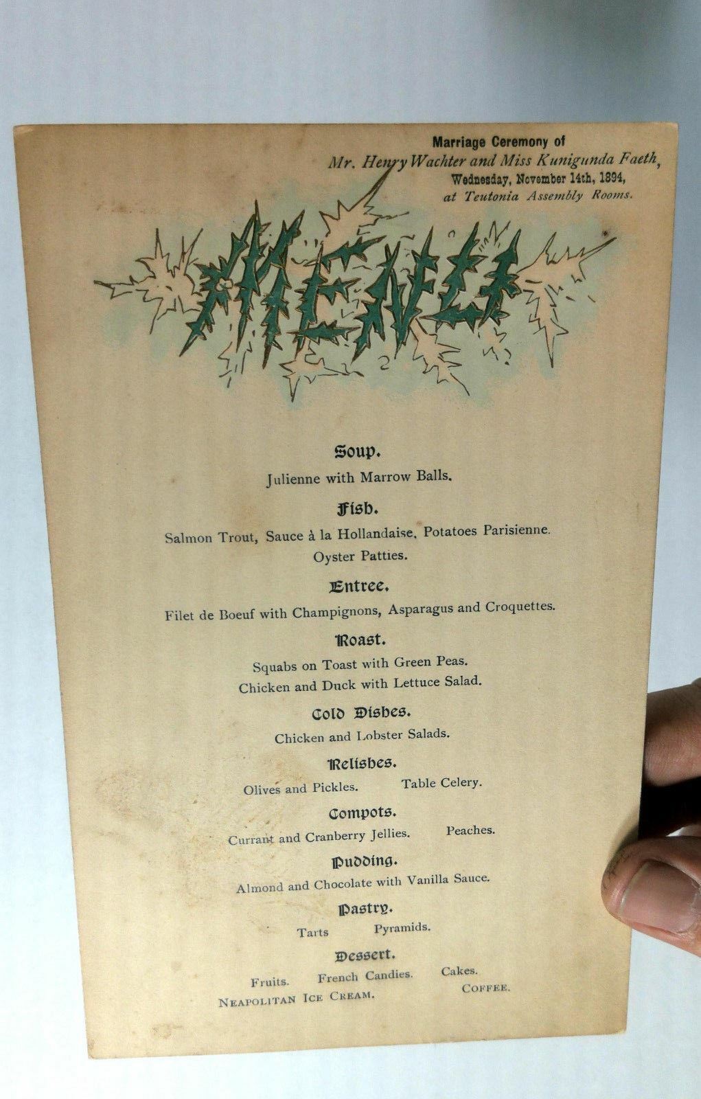 1894 Vintage Menu TEUTONIA ASSEMBLY ROOMS Restaurant New York Wachter & Faeth Без бренда - фотография #4