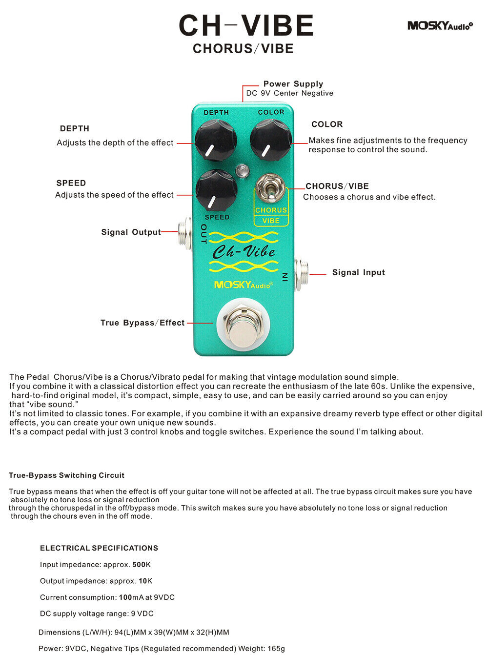 Mosky Chorus Vibe Guitar Effect Pedal Vibe Sound True-Bypass Vintage Tone LED Mosky Does not apply - фотография #4