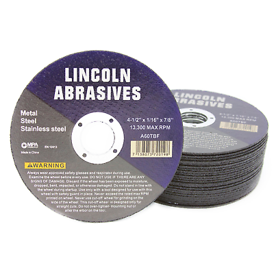 25 Pack 4-1/2" 1/16" Cut-off Wheel 4.5 Cutting Discs Stainless Steel & Metal Lincoln A60TBF451625
