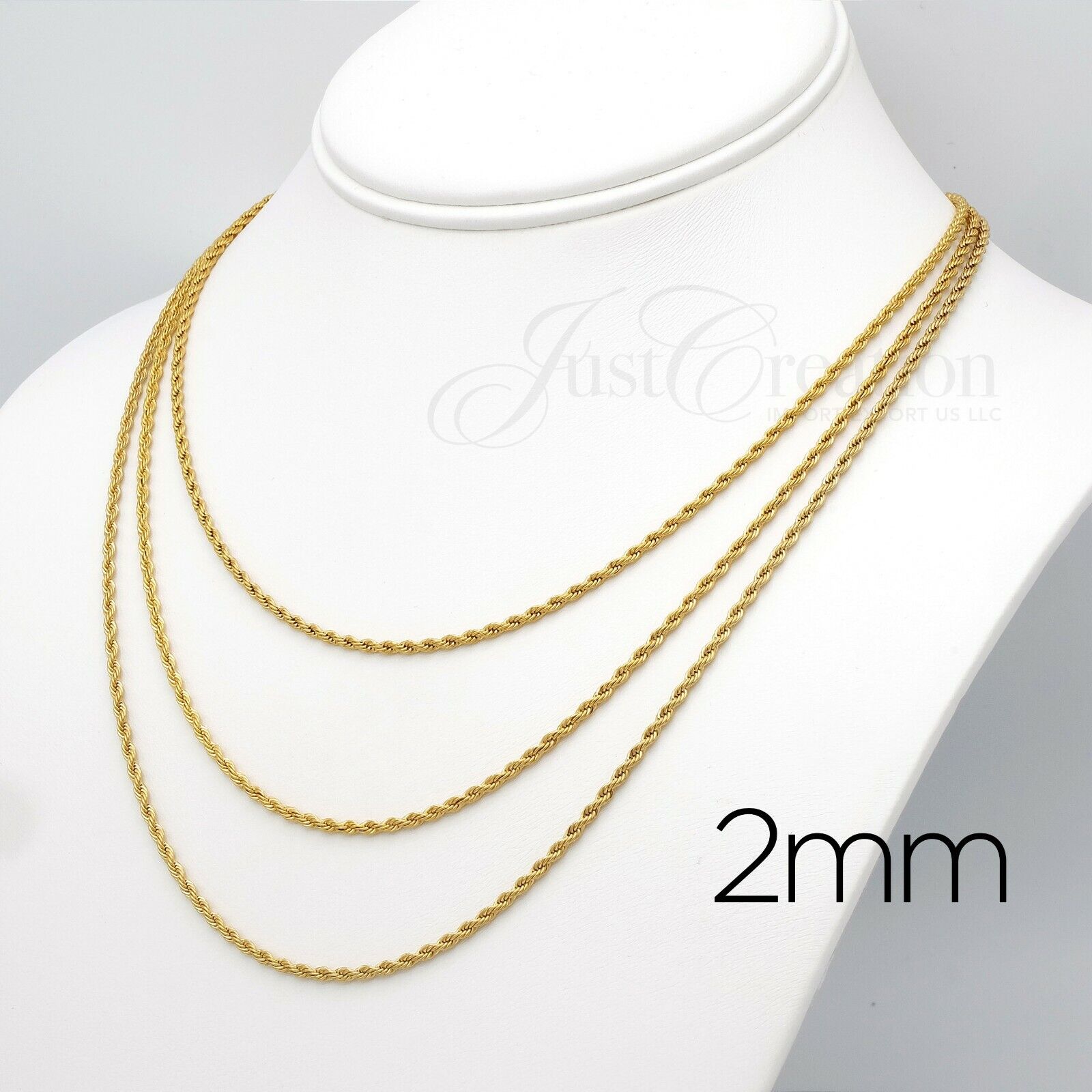 Gold Plated 18K, Stainless Steel 316L 2mm 3mm 4mm Rope Chain Necklace 14in-30in Unbranded - фотография #3