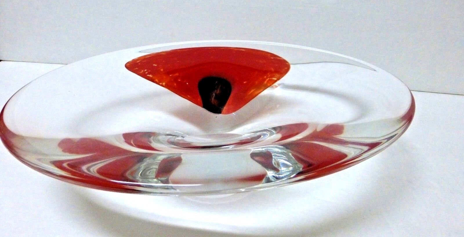 HEAVY ART GLASS BOWL-CLEAR GLASS WITH POPPY-SIGNED Unknown