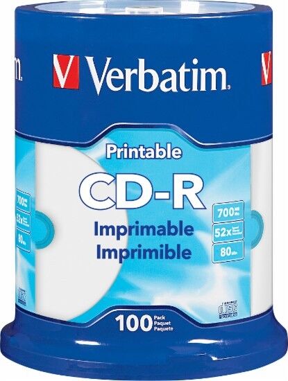 VERBATIM CD-R CDR 52X 700MB White Inkjet Hub Printable 100 pack Spindle 98493 Verbatim 98493