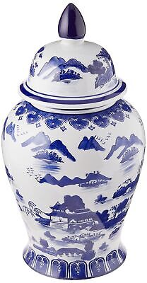 Oriental Furniture 18" Landscape Blue & White Porcelain Temple Jar Red Lantern BW-TJAR-BWLS