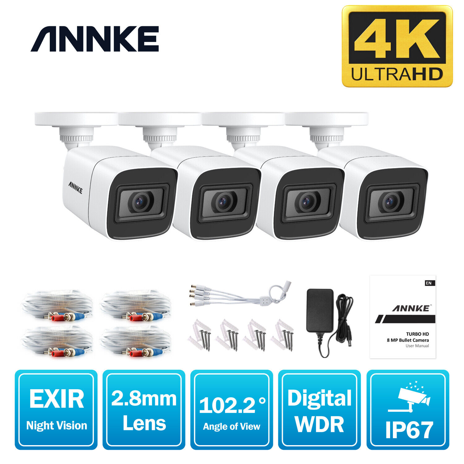 ANNKE 4PCS 4K 8MP Security Camera Outdoor EXIR Night Vision for DVR CCTV System ANNKE AU-KCR1BL0402