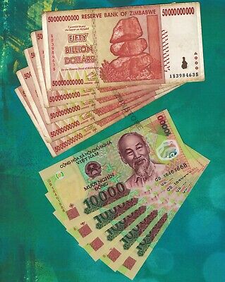 5 x 50 Billion Dollars Zimbabwe + 5 x 10,000 Vietnam Dong VND Banknotes + COA Без бренда