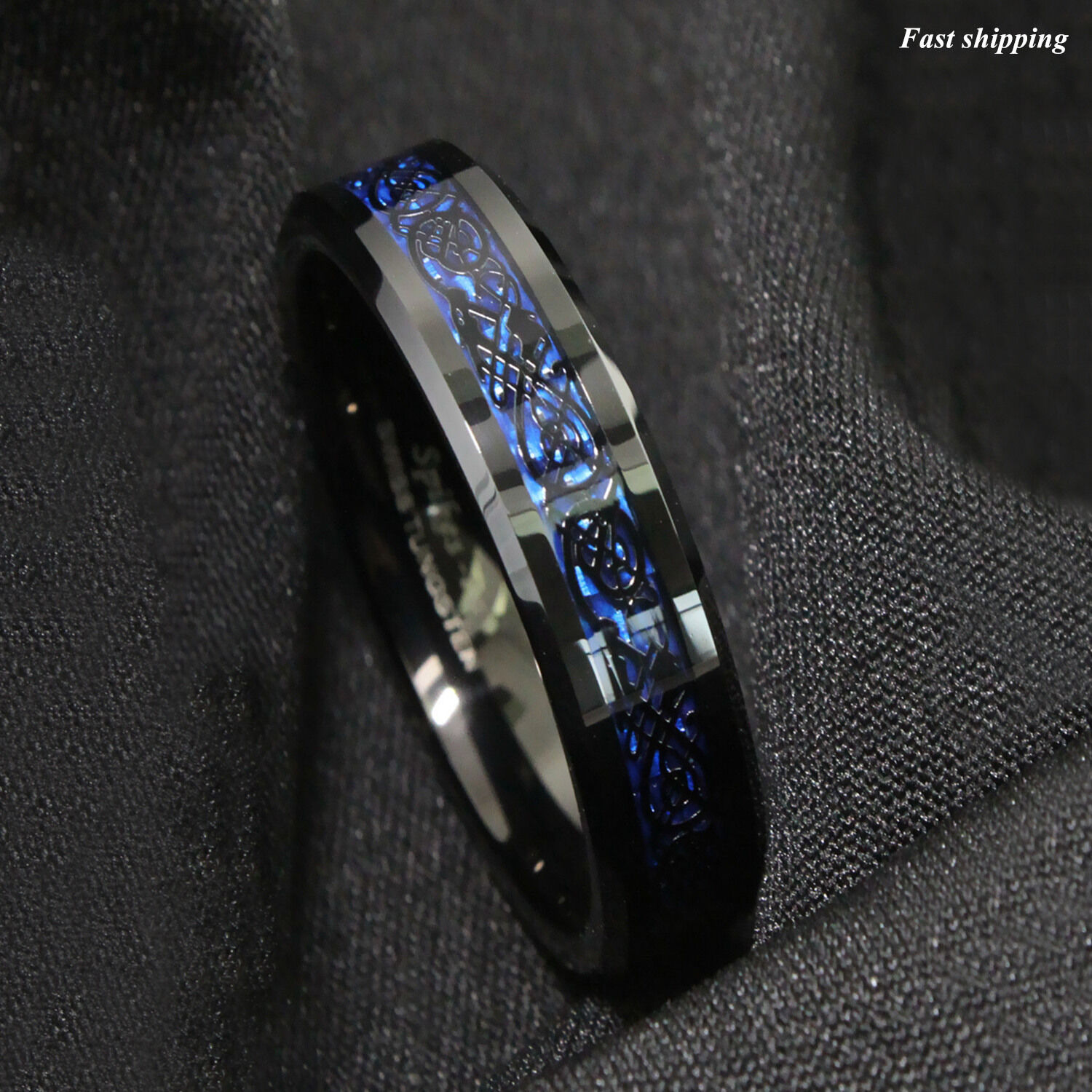 8/6mm Tungsten Carbide Ring Black Celtic Dragon Blue carbon fibre ATOP Jewelry ATOP - фотография #8