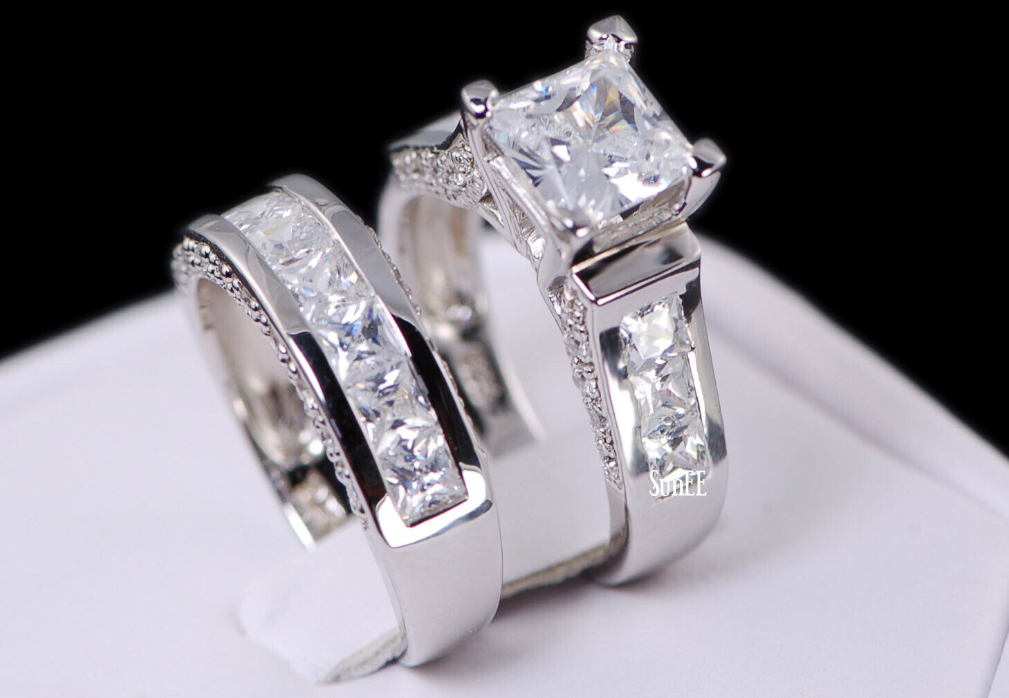 Real 925 Simulated Diamond Princess Cut Wedding Engagement Bridal Set SunEE Jewelry