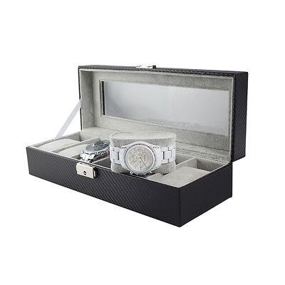 6 Slot Carbon Fiber Watch Box Display Case Jewelry Organizer Case Holder - Black Plixio Does Not Apply - фотография #3