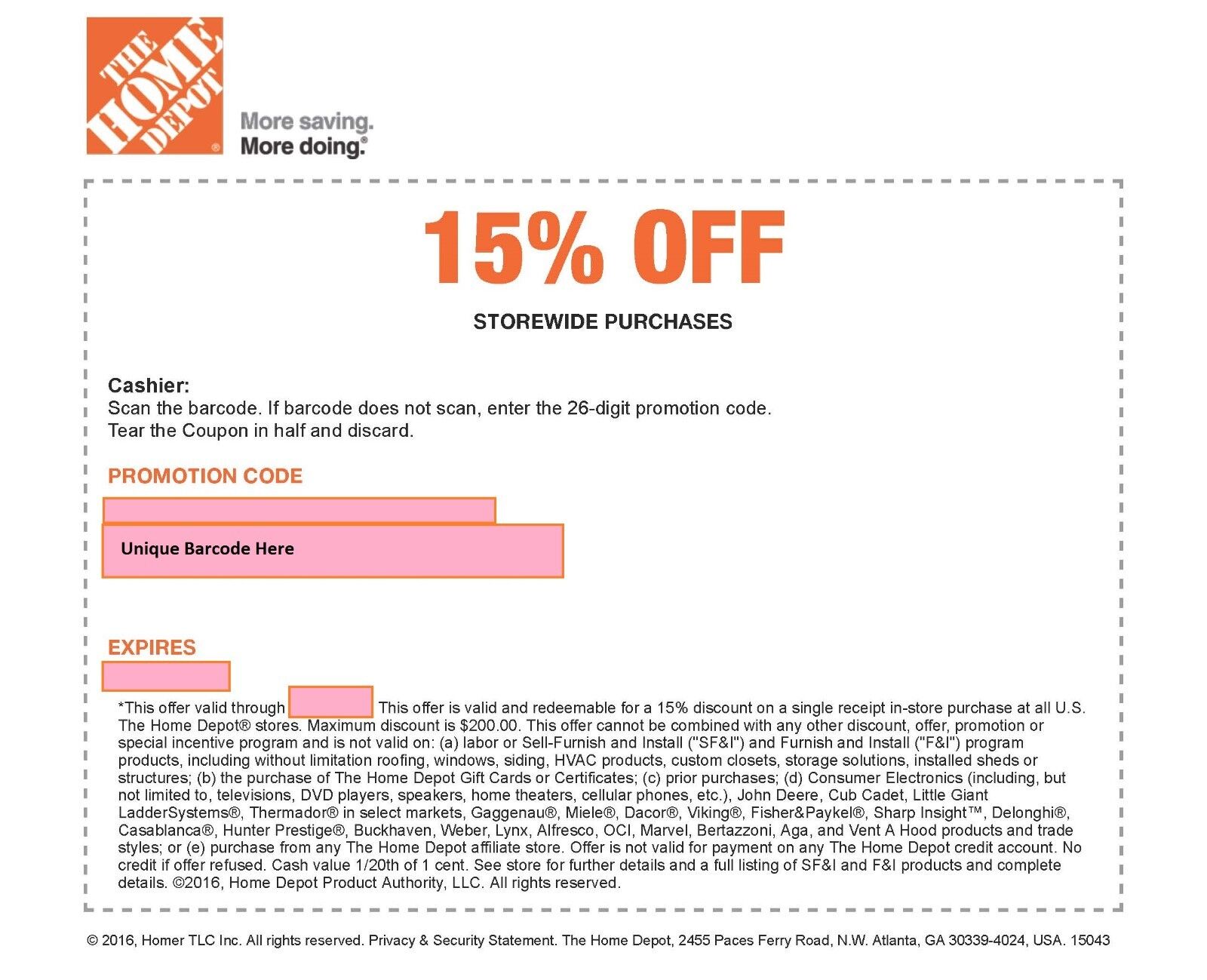 ONE 1x Home Depot 15% Off-1coupon- In Store Only -saving 200$ max-Fast---------- Без бренда