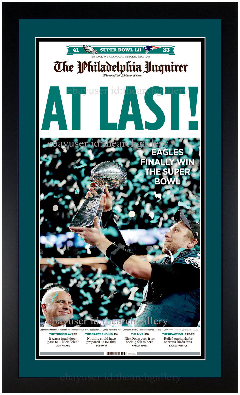 Philadelphia Eagles Super Bowl LII Champions Inquirer Newspaper Framed 2-5-2018 Janout Fine Framing