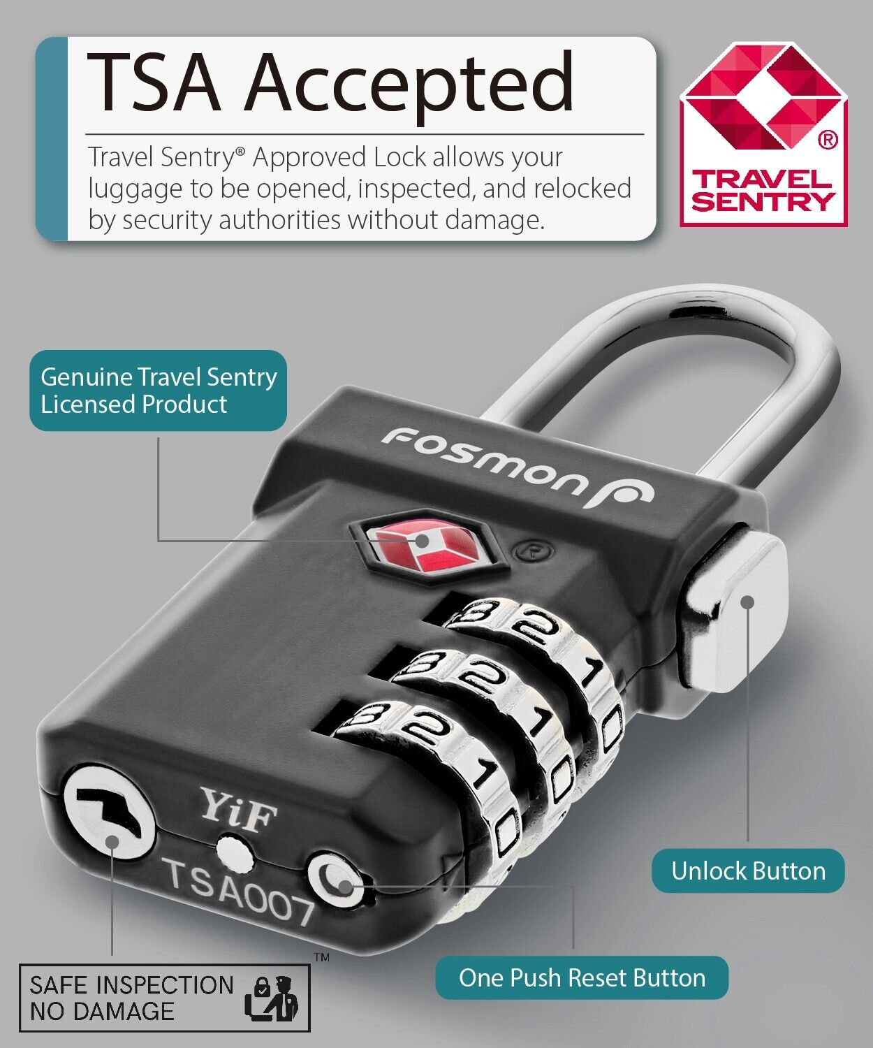 4xTSA Approve 3 Digit Combination Travel Suitcase Luggage Bag Lock Padlock Reset Fosmon 51052HOM - фотография #2