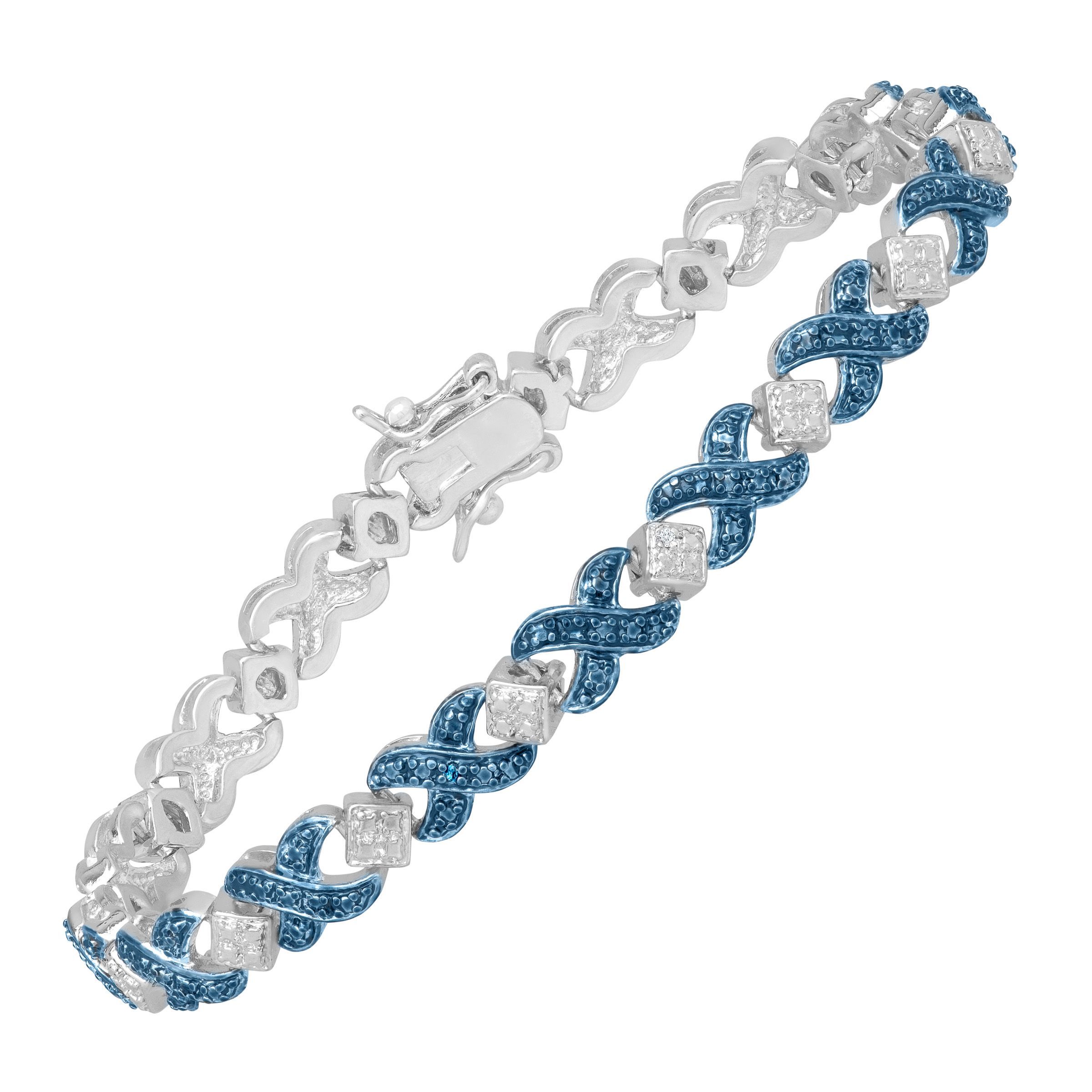 XOXO Tennis Bracelet with Blue Diamond in Sterling Silver-Plated Brass, 7 1/4" Finecraft