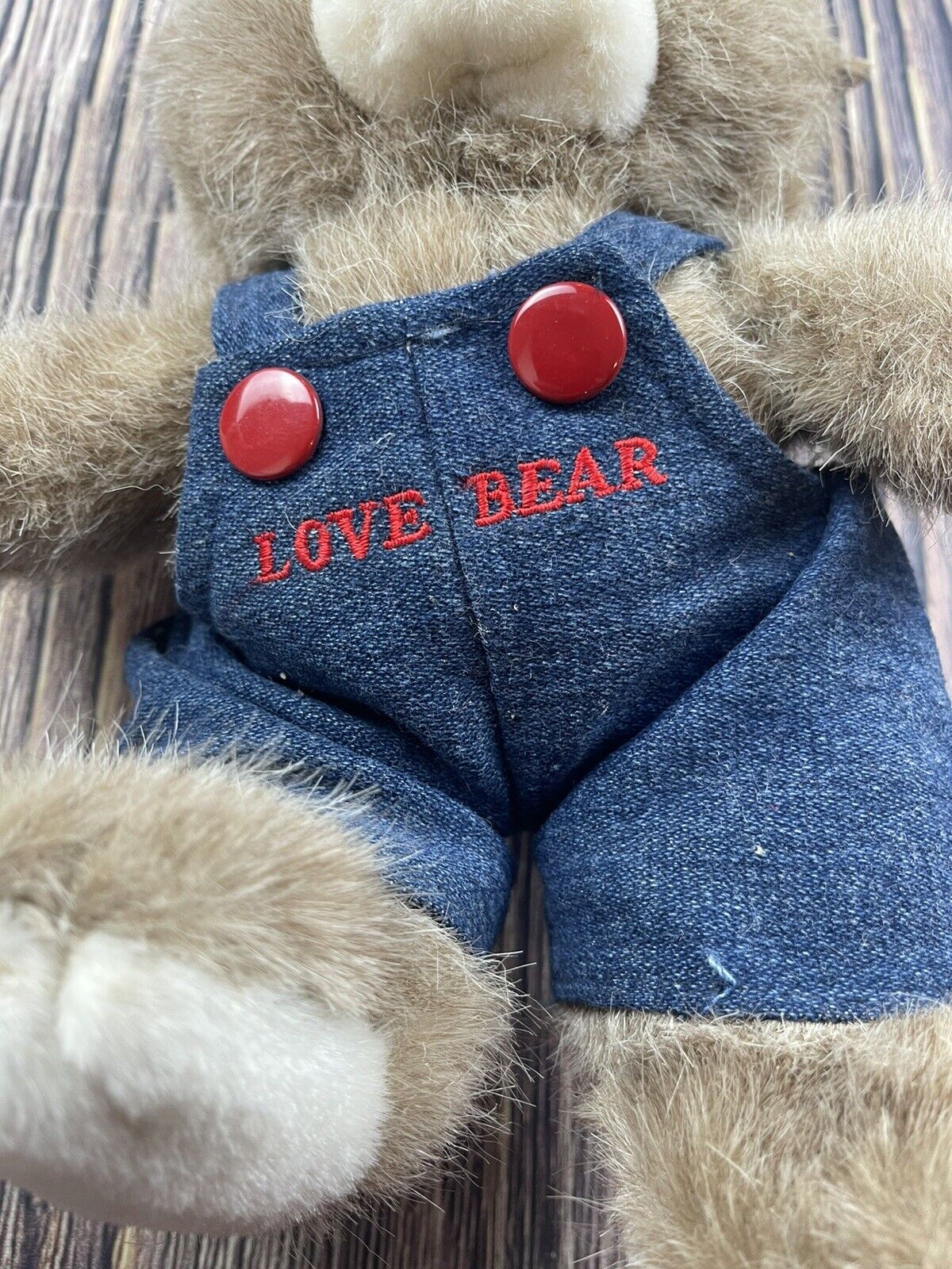 Vintage Russ Berrie Love Bear 9" Plush Jean Denim Bib Overalls Caress Soft Pets Russ Berrie 328 - фотография #5