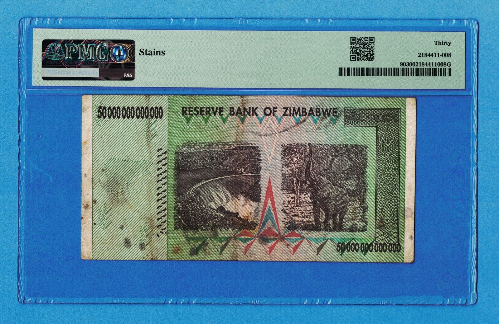 50 Trillion Dollars Zimbabwe Banknote AA 2008 PMG Certified Authentic Circulated Без бренда - фотография #3