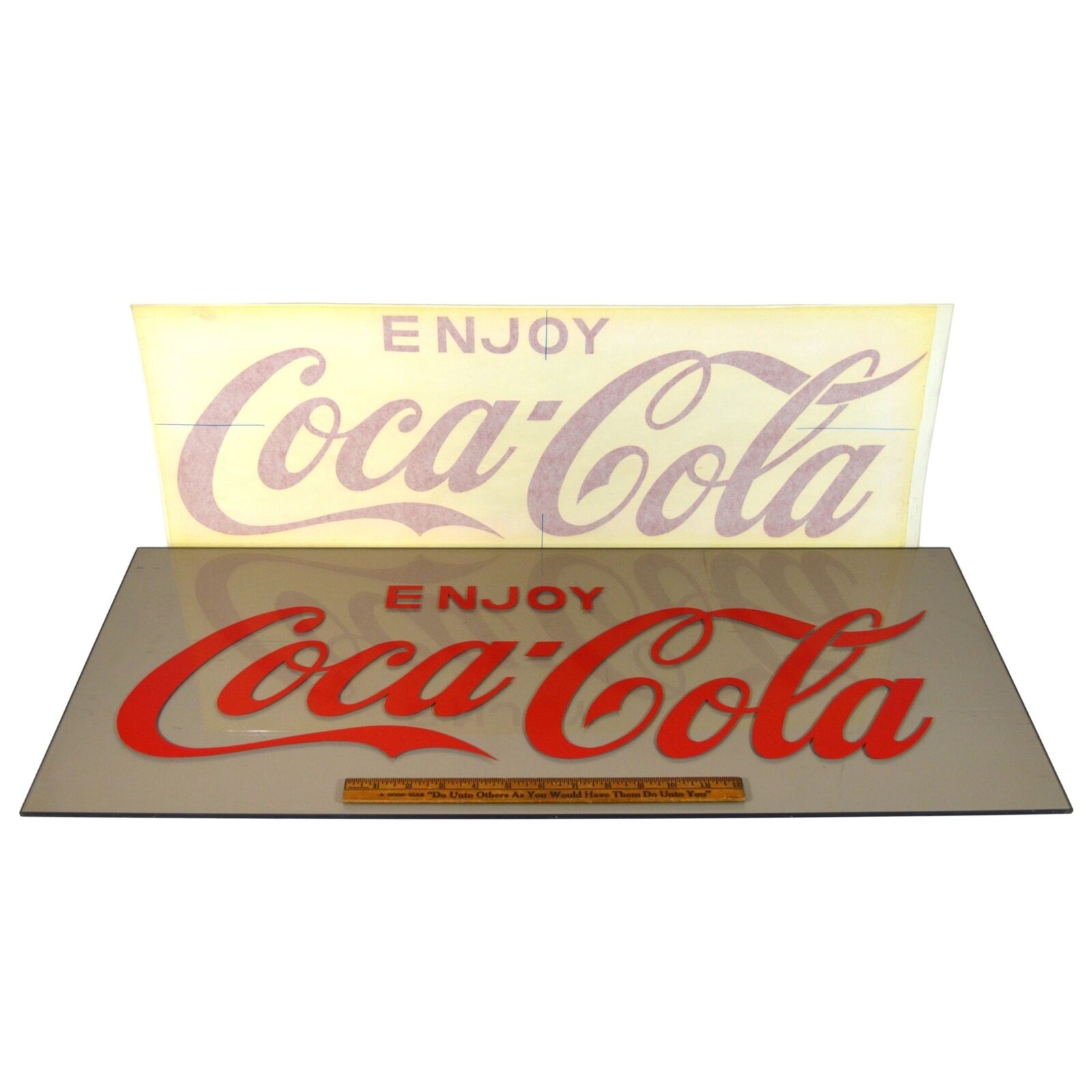 Vintage "ENJOY COCA-COLA" WINDOW DECAL New-Old-Stock RED VINYL STICKER 28x9 NOS! Coca-Cola