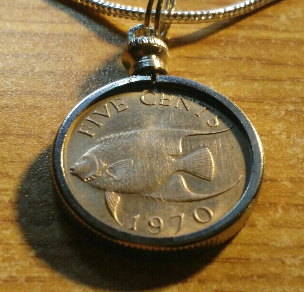 1970 Bermuda Angel Fish Coin Charm on an 18KGF 24" White Gold Filled Round Chain Everymagicalday