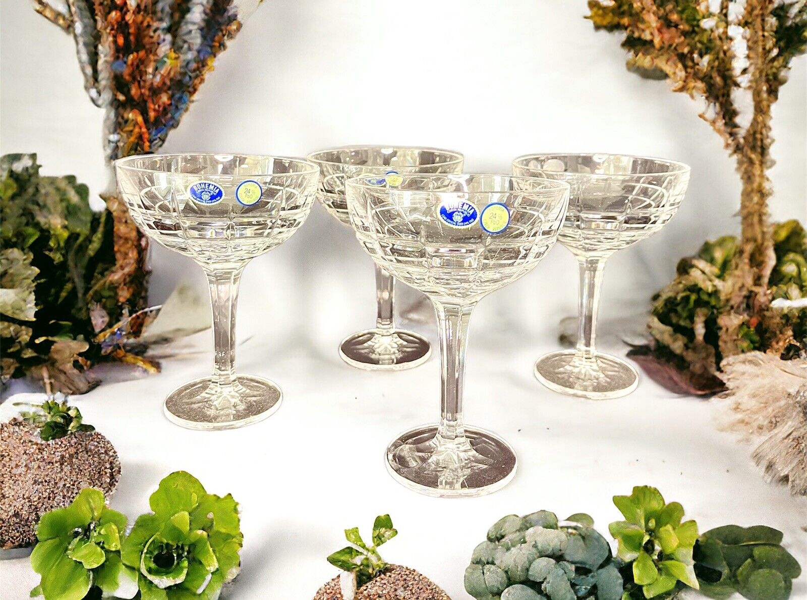 Bohemian Heavy Lead Etched Crystal Glass Cocktail Glasses Set of 4 Vintage New Bohemia