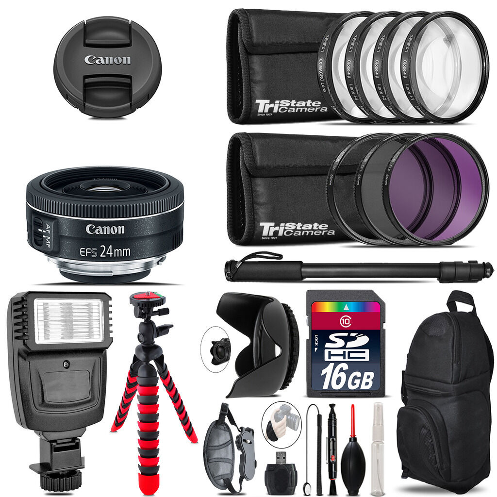 Canon EF-S 24mm f/2.8 STM Lens + Flash +  Tripod & More - 16GB Accessory Kit Canon Does Not Apply