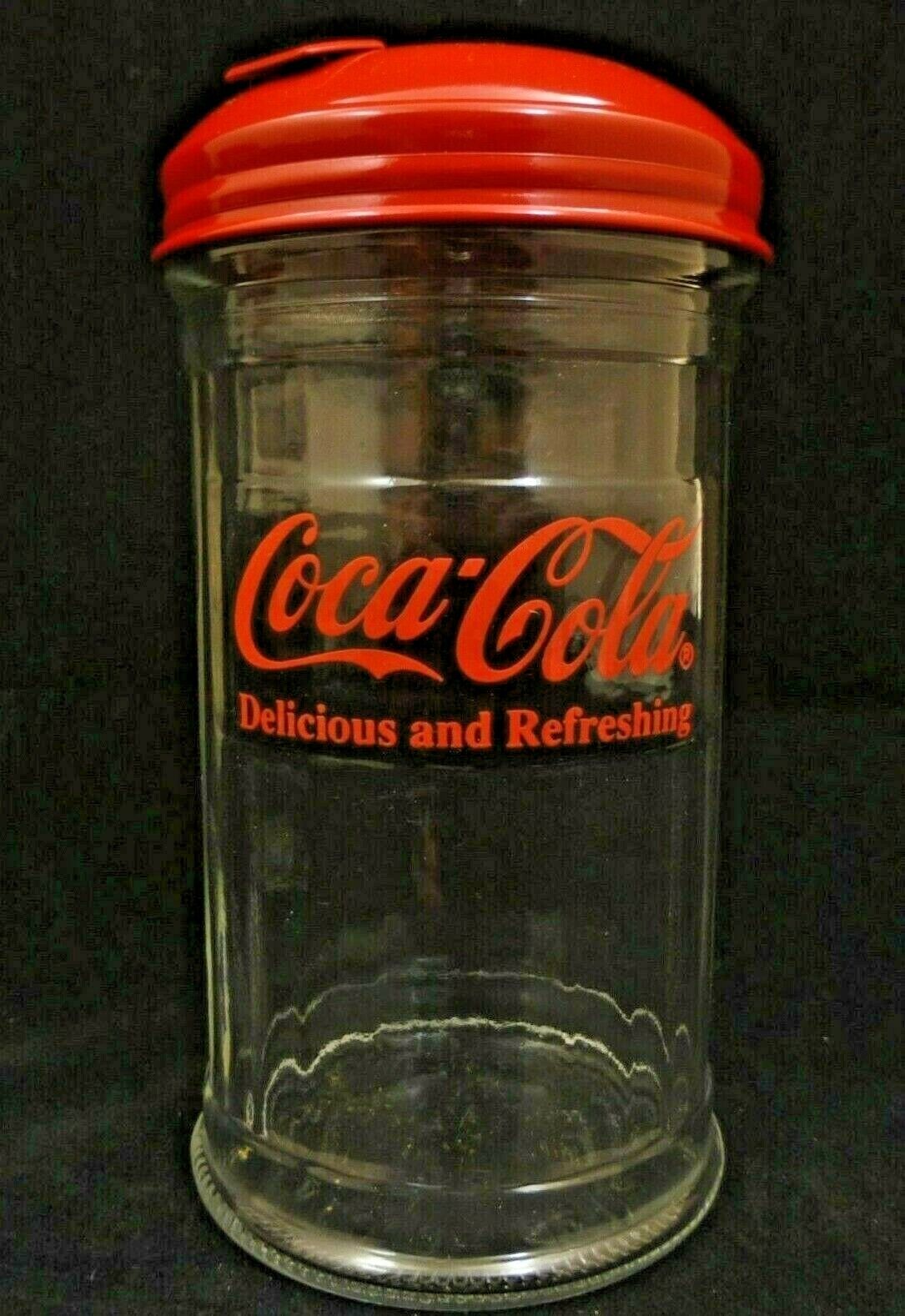 NOS Vintage 1992 COCA-COLA Glass SUGAR SHAKER JAR Red METAL LID Restaurant Style Coca-Cola