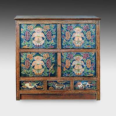 RARE ANTIQUE CABINET PAINTED PINE WOOD TIBET BUDDHISM CHINESE FURNITURE 19TH C.  Без бренда