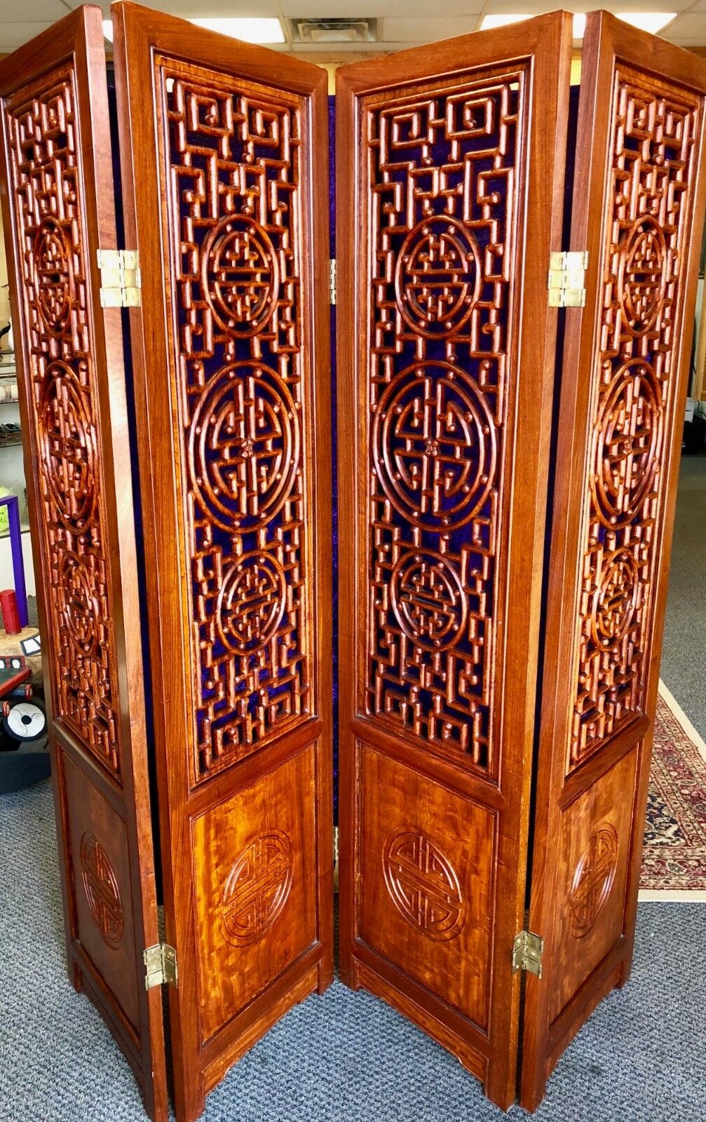 Antique Chinese Qing Dynasty Teak 4-Panel Floor Screen – 6ft! Handmade Does Not Apply