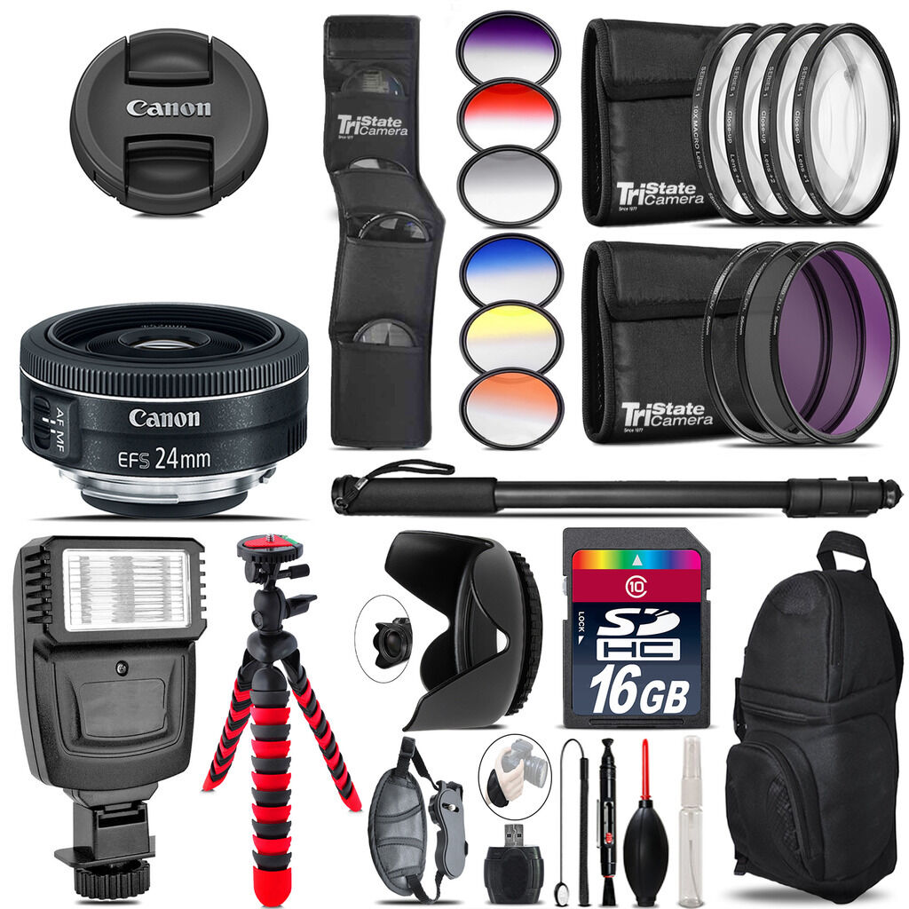Canon EF-S 24mm f/2.8 STM Lens + Flash + Color Filter Set - 16GB Accessory Kit Canon Does Not Apply