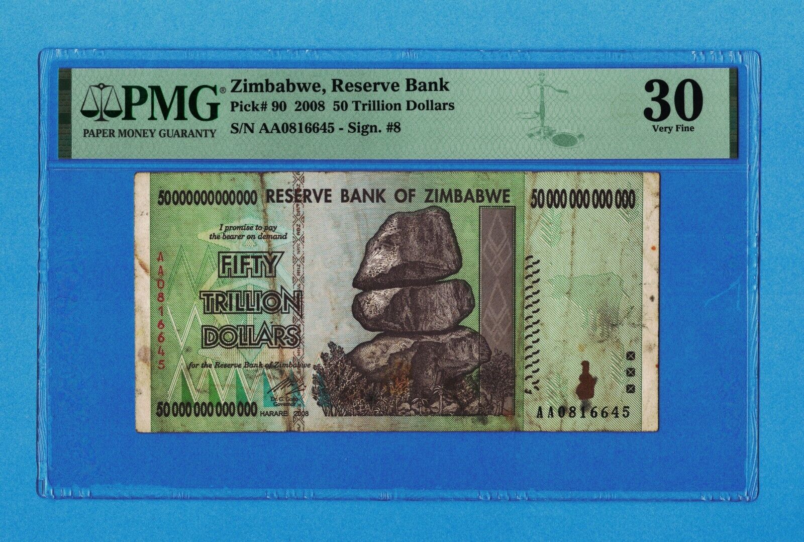 50 Trillion Dollars Zimbabwe Banknote AA 2008 PMG Certified Authentic Circulated Без бренда