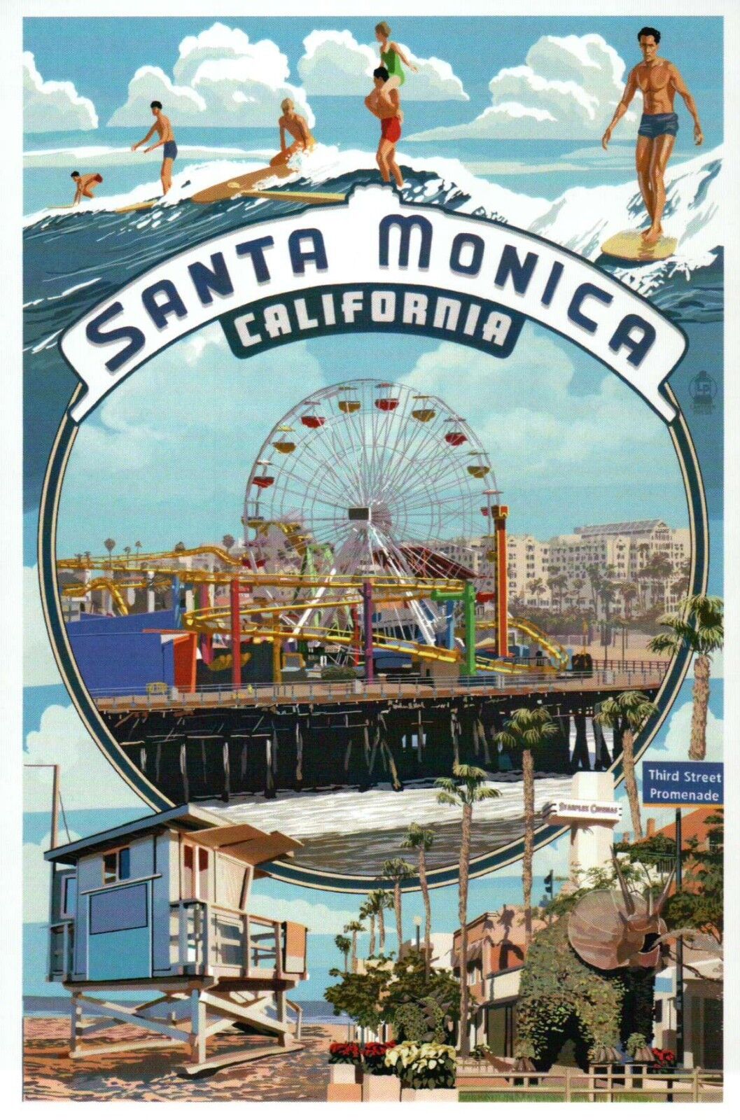 Santa Monica California Montage Ferris Wheel Pacific Park Surfing, Mod. Postcard Без бренда