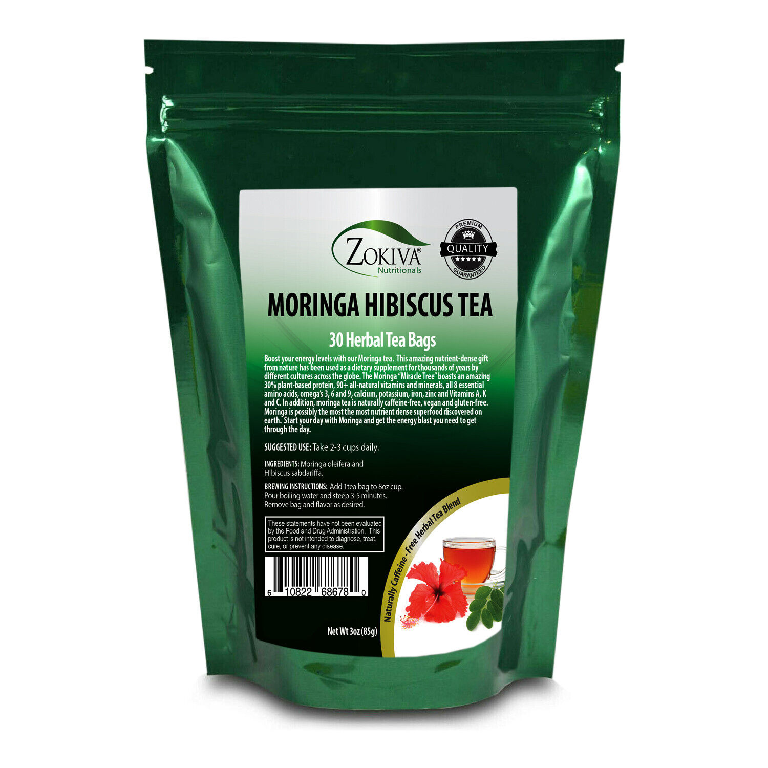 Moringa Hibiscus Tea Bags (30) All-Natural - Caffeine-Free, Premium Herbal Tea Zokiva Nutritionals ZOKIVA-MORINGA-HIBISCUS-TEA